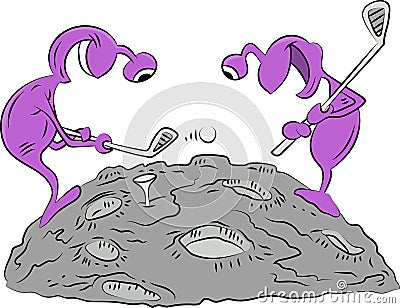 Cartoon aliens playing golf on moon vector illustration Vector Illustration