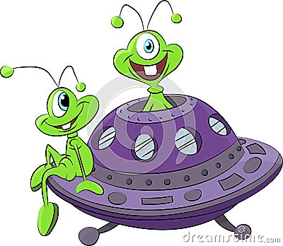 Cartoon aliens traveling with their spaceship vector illustration Vector Illustration