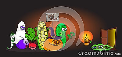 Cartoon alive Vegetables in halloween costumes trick-or-treating in front of scared little peas Stock Photo