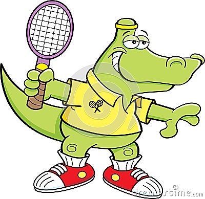 Cartoon alligator playing tennis. Vector Illustration