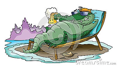 Cartoon alligator sunbathing and relaxing on the beach vector illustration Vector Illustration