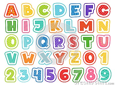Cartoon alphabet. Cute colored letters numbers signs and symbols for school kids and childrens vector funny font Vector Illustration