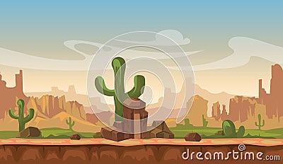 Cartoon america prairie desert landscape with cactus, hills and mountains. game seamless vector background Vector Illustration