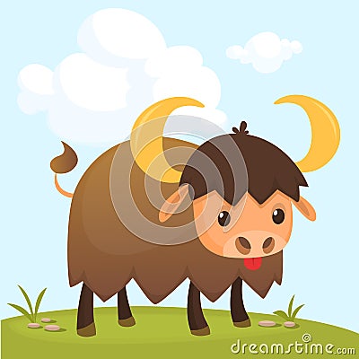 Cartoon american bull buffalo, ox, bison gazing on meadow. Colorful book page for kids and children. Vector Illustration