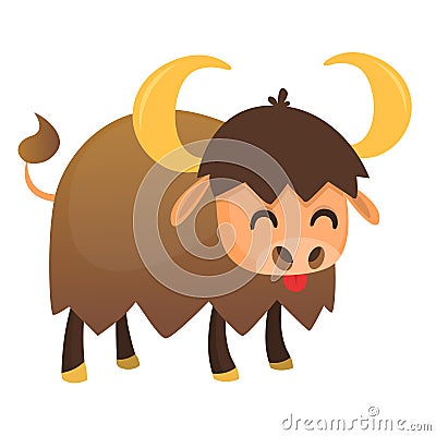 Cartoon american bull buffalo, ox, bison, isolated on white background. Colorful book page for kids and children. Vector Illustration