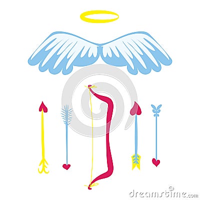 Cartoon Amour weapons set . Bow, wings, nimbus and arrows with heart. Cupids stuff. Valentines Day romantic set. Vector Vector Illustration