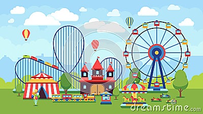 Cartoon amusement park with circus, carousels and roller coaster vector illustration Vector Illustration