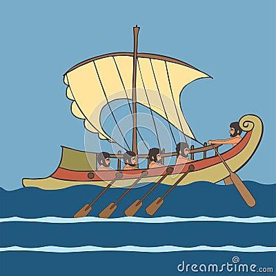 Cartoon ancient greek ship with rowers at sea Vector Illustration