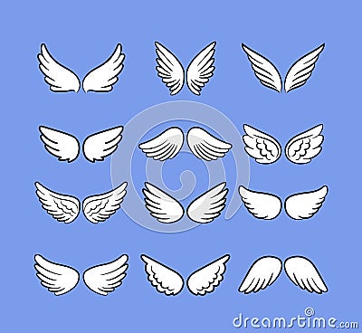 Cartoon angel wings set. Hand drawn wings isolated on white, cartoon birds or angels vector sketch icons Vector Illustration