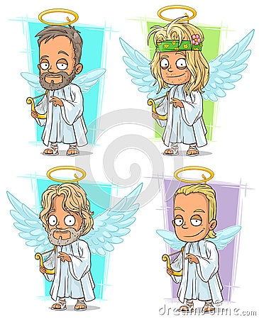 Cartoon angels with golden nimbus and harp character vector set Vector Illustration