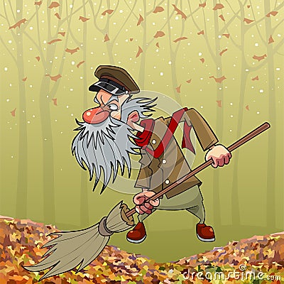 Cartoon angry bearded janitor sweeping broom in autumn park Vector Illustration