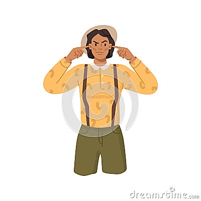 Cartoon angry caucasian woman plug ears by fingers Vector Illustration