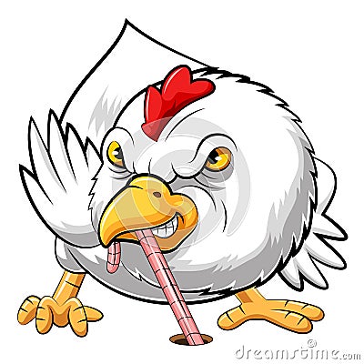 Angry chicken eating worm Vector Illustration