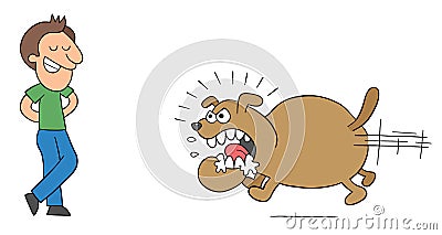 Cartoon angry and huge dog runs to bite the man, but the man is not afraid, vector illustration Vector Illustration