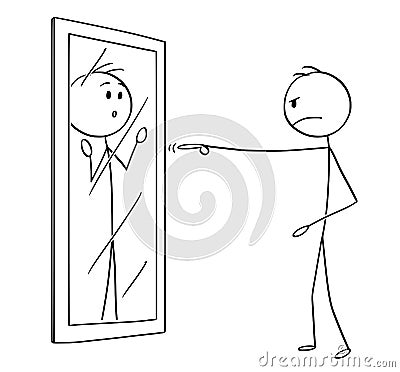 Cartoon of Angry Man Blaming Yourself in Mirror Vector Illustration