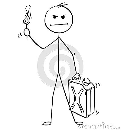 Cartoon of Angry Man or Businessman Holding Petrol or Gas Can and Flaming Match Vector Illustration