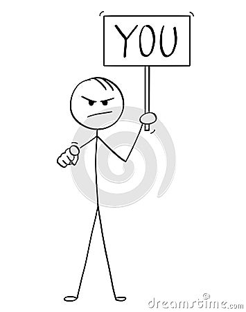 Cartoon of Angry Man or Businessman Holding Sign With You Text and Pointing at Camera Vector Illustration