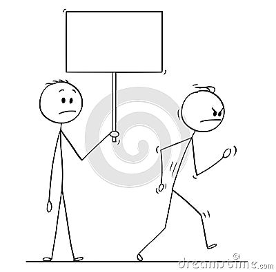 Cartoon of Angry Man Leaving Another Man Holding Empty Sign Vector Illustration