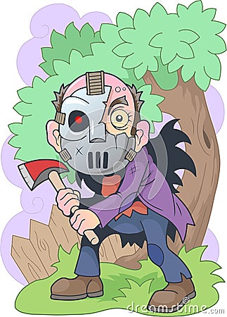 Angry maniac with an ax in his hands, funny illustration Vector Illustration