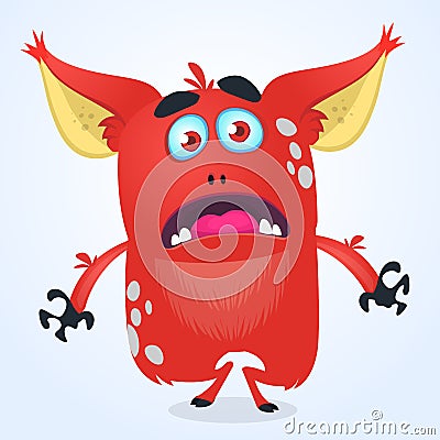 Cartoon angry red gremlin or troll monster with big ears. Vector illustration of scream monster for Halloween Vector Illustration