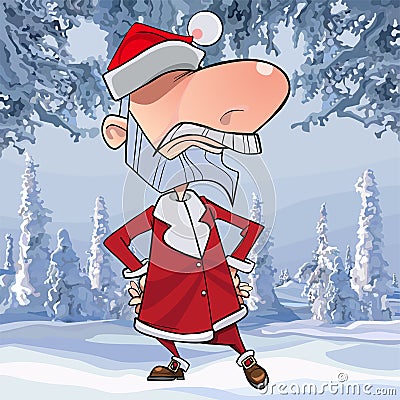 Cartoon angry Santa claus stands with arms akimbo in the winter forest Vector Illustration