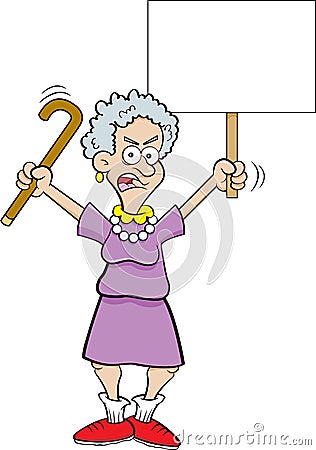 Cartoon angry senior citizen shaking a cane and holding a sign. Vector Illustration