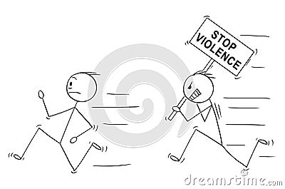 Cartoon of Angry Violent Man Holding Stop Violence Sign Chasing Another Man Vector Illustration