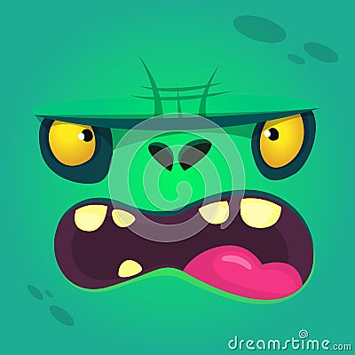 Cartoon angry zombie face. Vector zombie monster square avatar. Vector Illustration