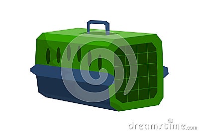 Cartoon animal carrier. Pet transportation box. Isolated green container with grid. Domestic cat or dog accessory Vector Illustration