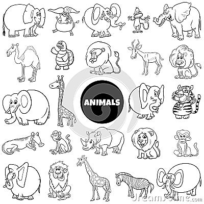 Cartoon animal characters large set color book page Vector Illustration