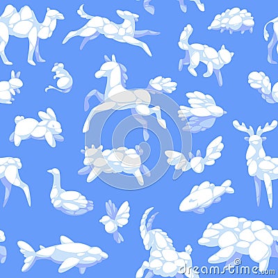 Cartoon animal clouds seamless pattern. Imagination kids elements, fluffy fauna shape, flying repeated white objects Vector Illustration