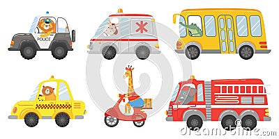 Cartoon animal driver. Animals in emergency ambulance, firetruck and police car. Zoo taxi, public bus and delivery truck vector Vector Illustration