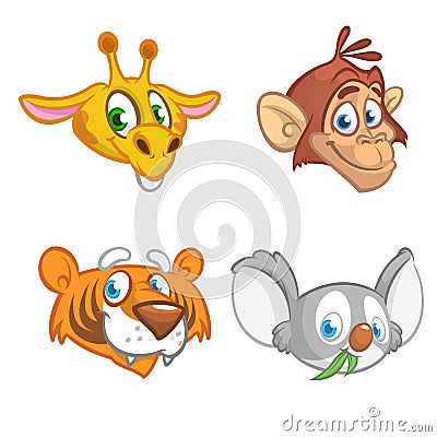 Cartoon animal head icons collection. Vector set of wild animals including giraffe, chimpanzee monkey, tiger and koala bea Vector Illustration