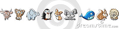 Cartoon animal pack. Images of animals in children`s style. Isolated shapes on white background. Stock Photo