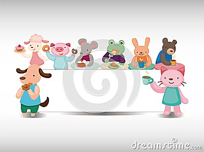 Cartoon animal tea time card Vector Illustration