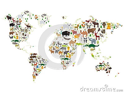 Cartoon animal world map for children and kids, Animals from all over the world on white background. Vector Vector Illustration