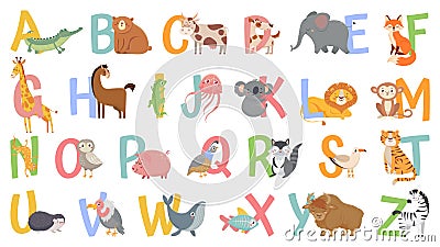 Cartoon animals alphabet for kids. Learn letters with funny animal, zoo ABC and english alphabet for kids vector Vector Illustration