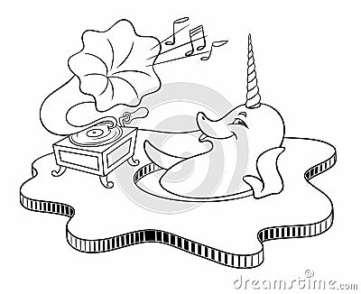 Cartoon animals. Cartoon narwhal music lover listens to the gramophone. Cheerful narwhal on an ice floe. Vector outline image for Vector Illustration