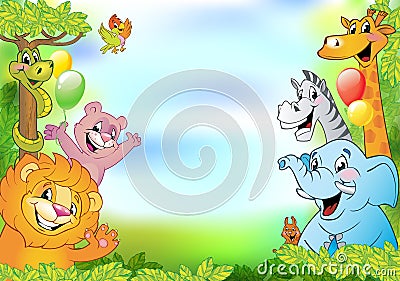 Cartoon animals, cheerful background Vector Illustration