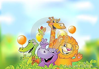 Cartoon animals, cheerful background Vector Illustration