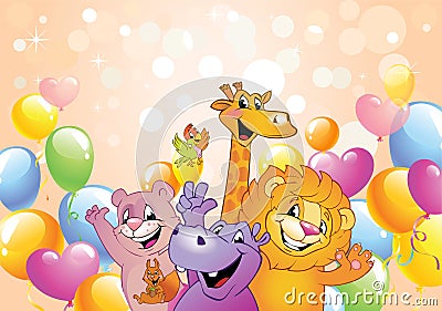 Cartoon animals, cheerful background Vector Illustration