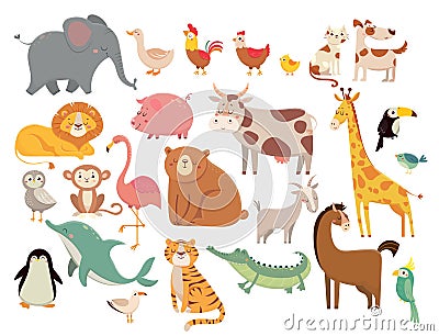 Cartoon animals. Cute elephant and lion, giraffe and crocodile, cow and chicken, dog and cat. Farm and savanna animals Vector Illustration