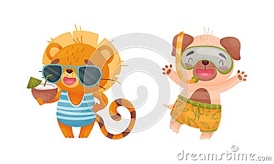 Cartoon Animals Drinking Cocktail and Snorkeling Vector Set Vector Illustration