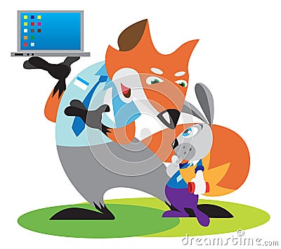 Cartoon animals. Fox sells hare laptop Vector Illustration