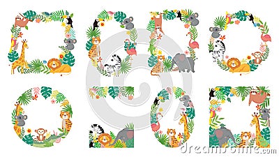 Cartoon animals frame. Jungle animal in tropical leaves, cute frames with tiger, lion, giraffe and elephant vector Vector Illustration