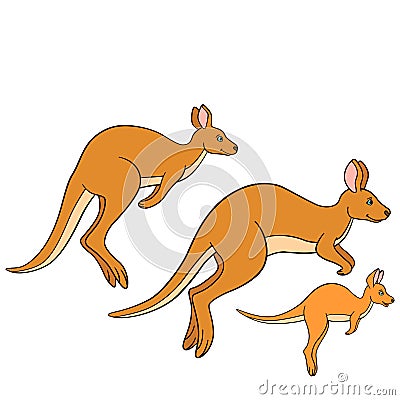 Cartoon animals. The kangaroo family runs. Vector Illustration