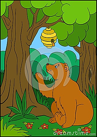 Cartoon animals for kids. Cute brown bear looks at the beehive. Vector Illustration