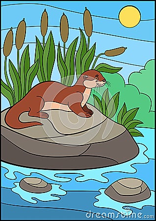 Cartoon animals. Little cute otter stands on the stone Vector Illustration