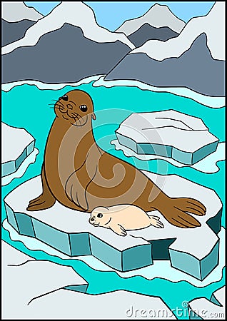 Cartoon animals. Mother fur seal with her cute white-coat baby. Vector Illustration