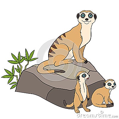 Cartoon animals. Mother meerkat with her cute babies. Vector Illustration